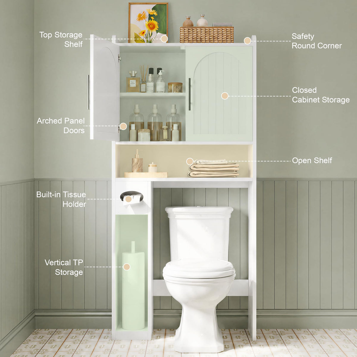 34" Over the Toilet Storage Cabinet with Arched Doors, White O900734
