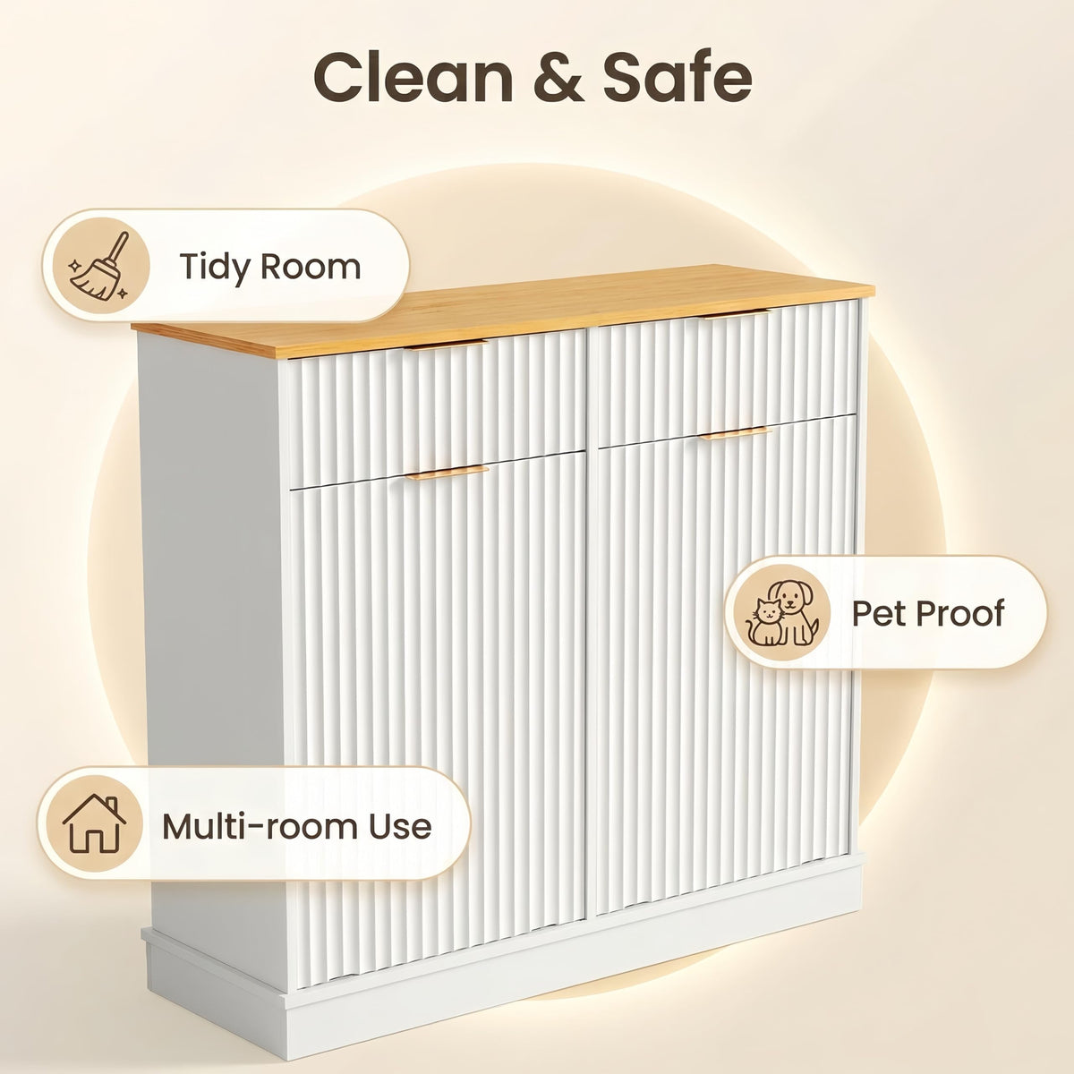 20 Gallon Double Tilt-Out White Trash Can Cabinet with Storage Drawers B884754