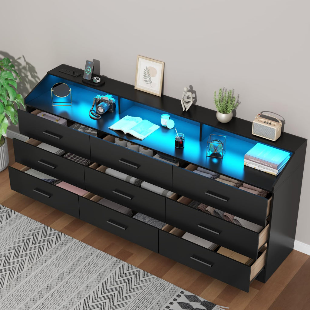 Black 9 Drawer Dresser with Power Outlet V3164