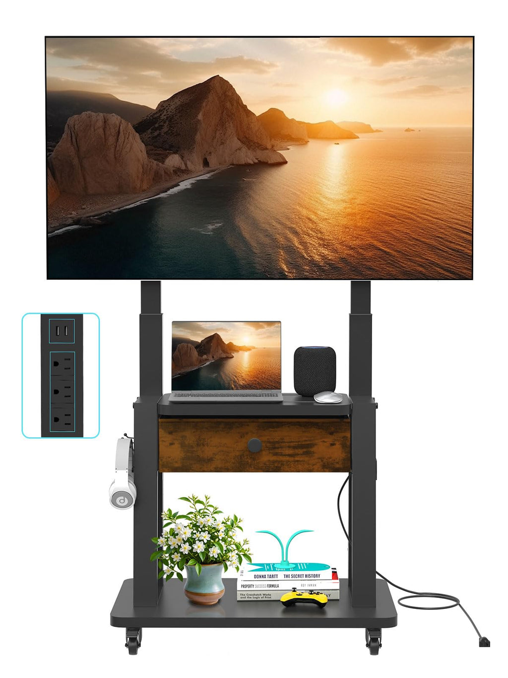 Rolling TV Stand with Power Outlet and Fabric Drawer for 32-75 Inch Flat/Curved Screen S33963