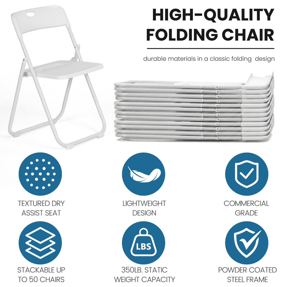 White Plastic Folding Chairs 10 Pack with Steel Frame A7416