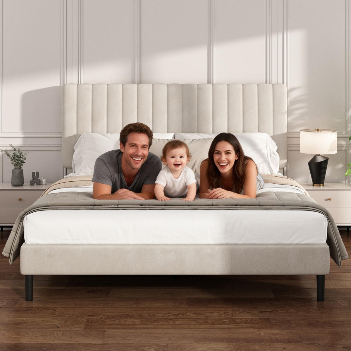 Beige Queen Velvet Bed Frame V5113