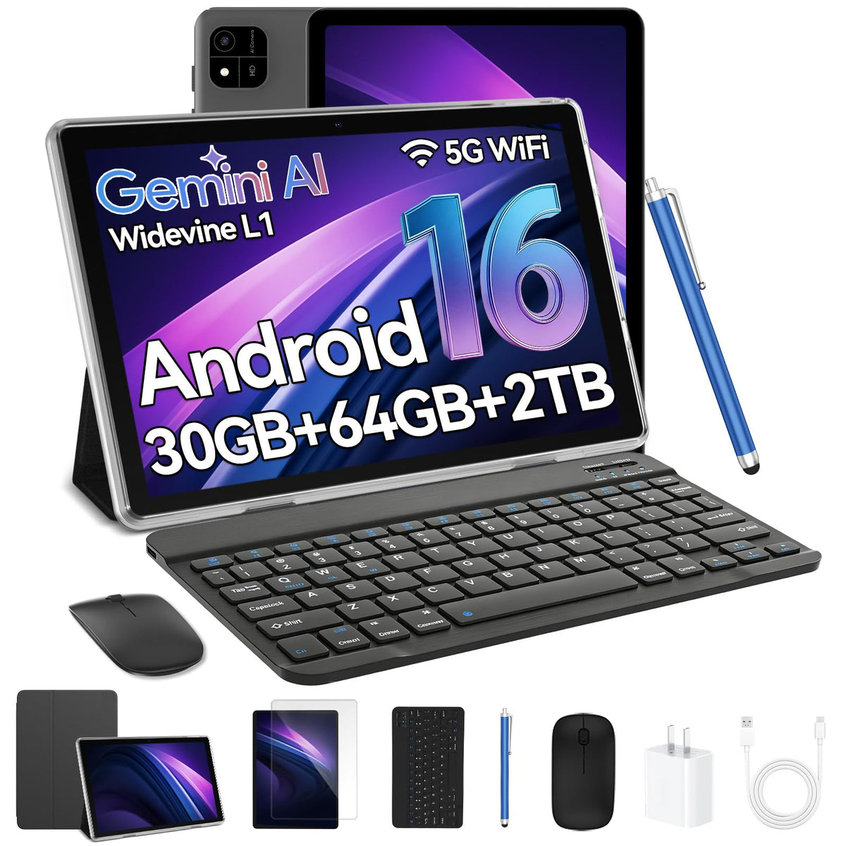 Black 10.1 inch Android 16 Tablet with Keyboard T2921