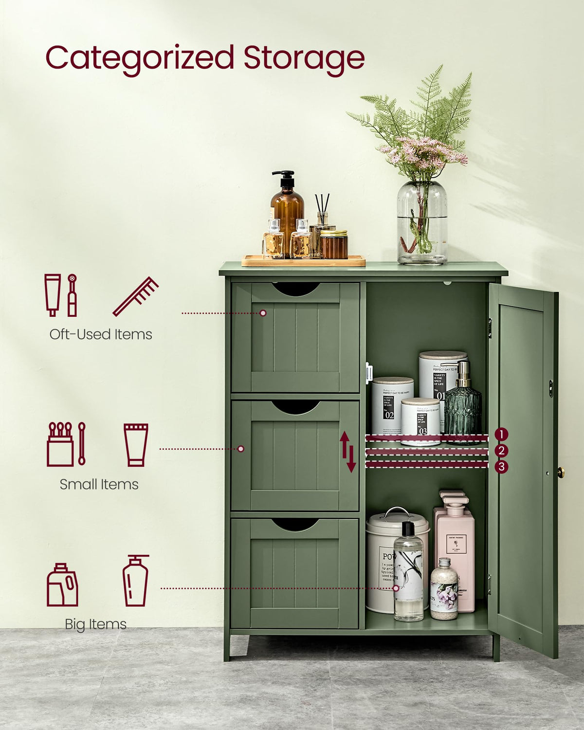 Forest Green 3 Drawer Bathroom Floor Storage Cabinet W223