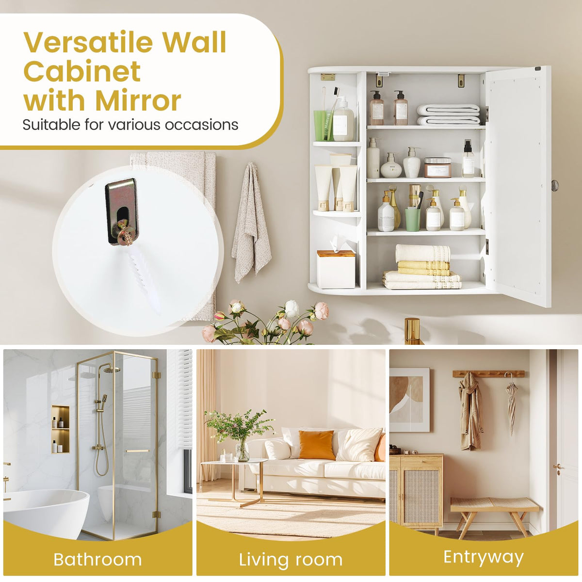 White Wall Mounted Medicine Cabinet with Mirror N3693