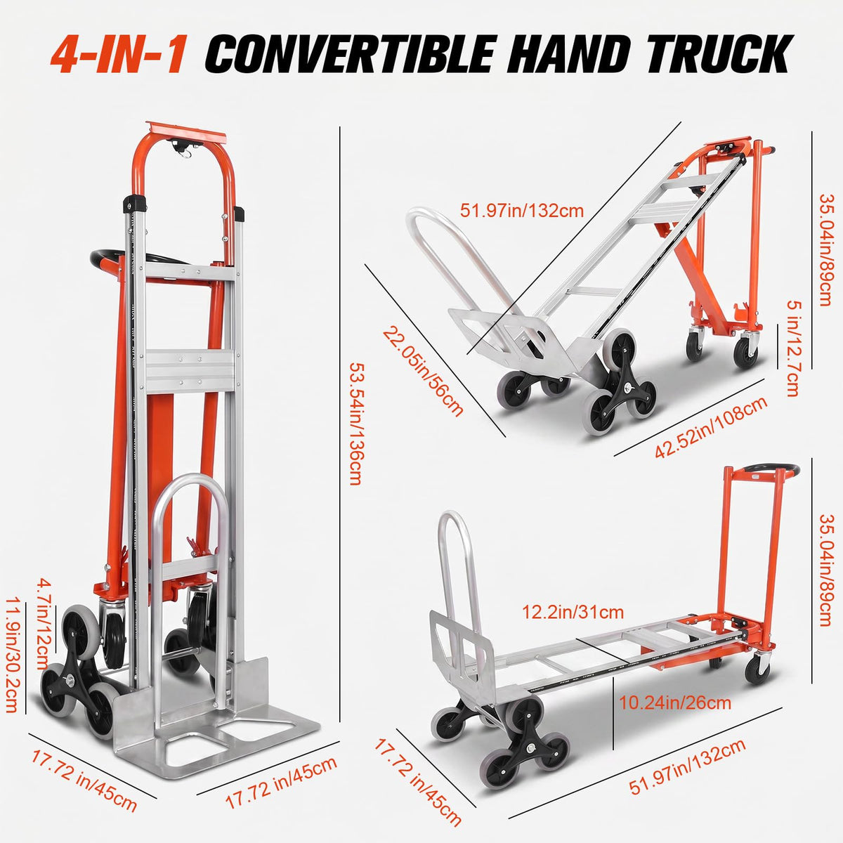 4-in-1 Convertible Stair Climbing Hand Truck, 1000LBS Heavy Duty Folding Aluminum Dolly Cart with Wheels & Handle Q80225