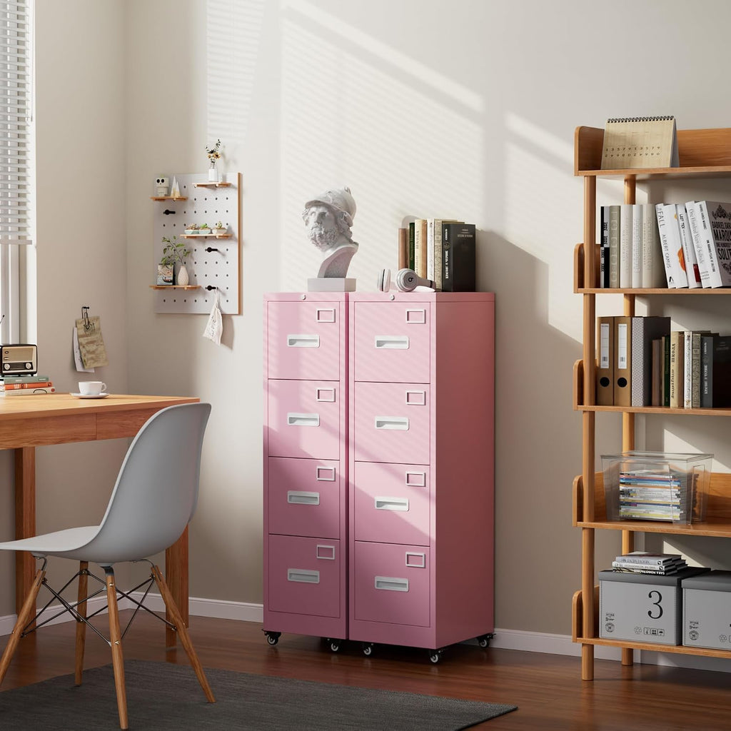 Pink 4-Drawer Metal File Cabinet with Lock and Wheels M79053