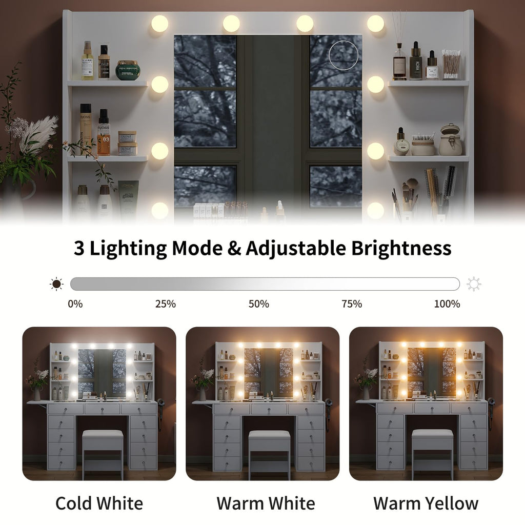 Vanity Desk with Mirror and 12 LED Lights, 11 Drawers & 4 Shelves L55613
