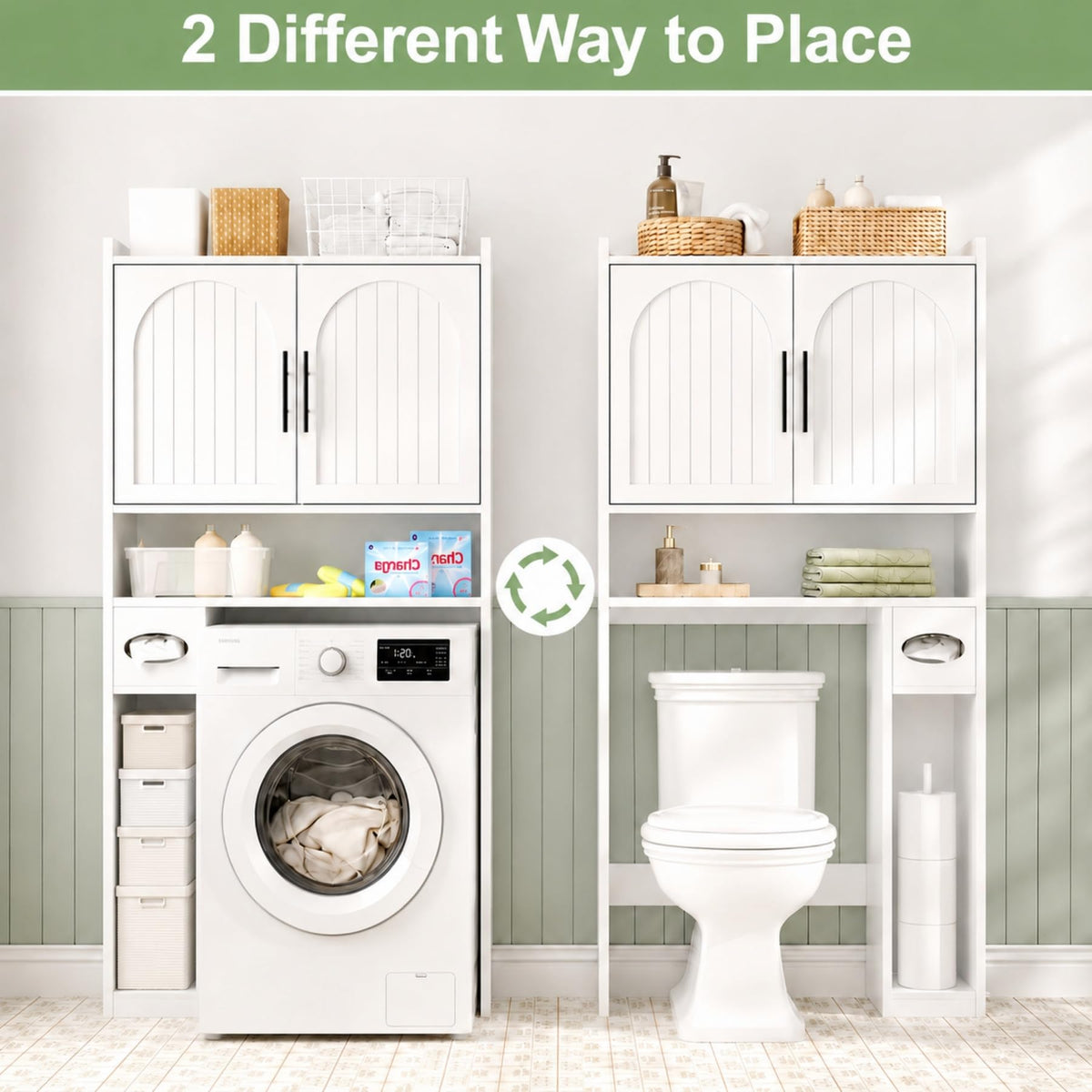 34" Over the Toilet Storage Cabinet with Arched Doors, White O900734