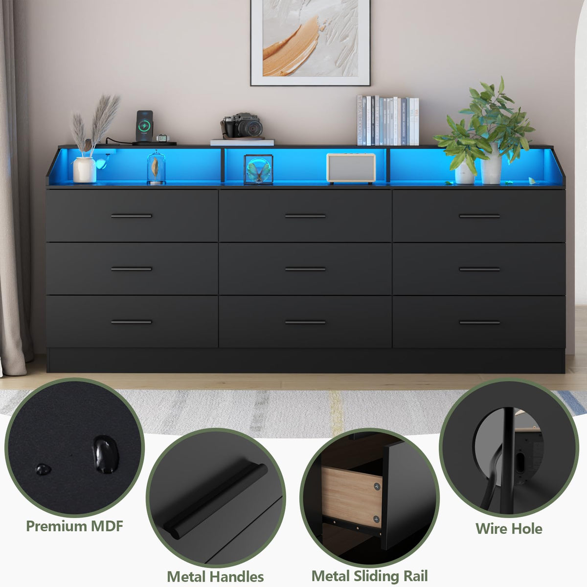 Black 9 Drawer Dresser with Power Outlet V3164