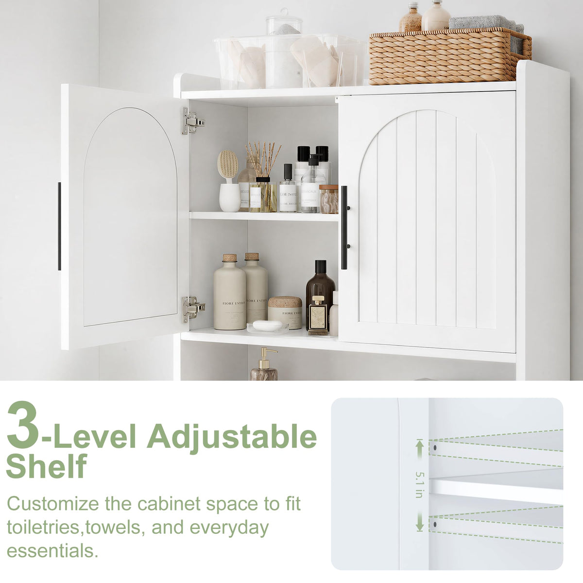 34" Over the Toilet Storage Cabinet with Arched Doors, White O900734