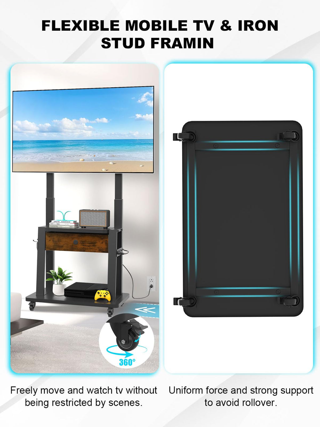 Rolling TV Stand with Power Outlet and Fabric Drawer for 32-75 Inch Flat/Curved Screen S33963