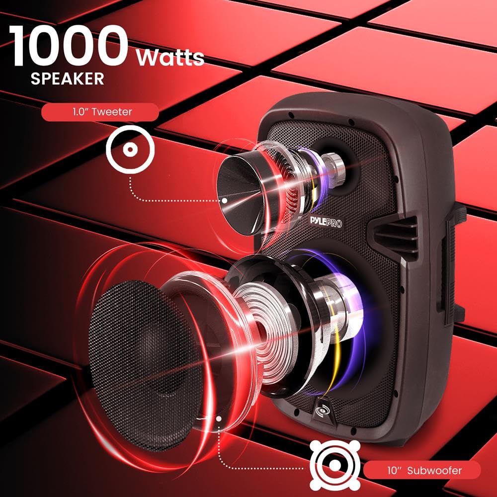 1000W Bluetooth PA System Speakers with 10 Inch Subwoofer and USB, Black O12239