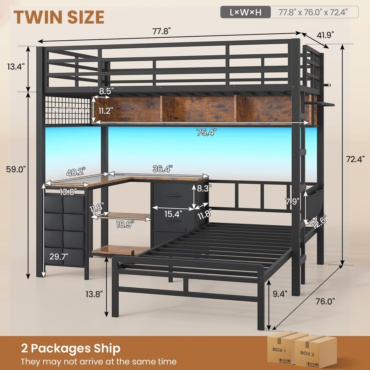Twin Over Twin Bunk Bed with L Desk, Led Lights, Bookshelf, Storage Drawers & Charging Station, Black E258
