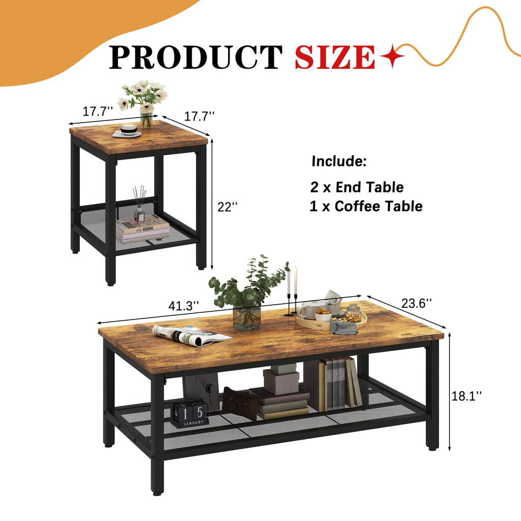3 Pieces Coffee Table Set with 2 End Side Tables U518