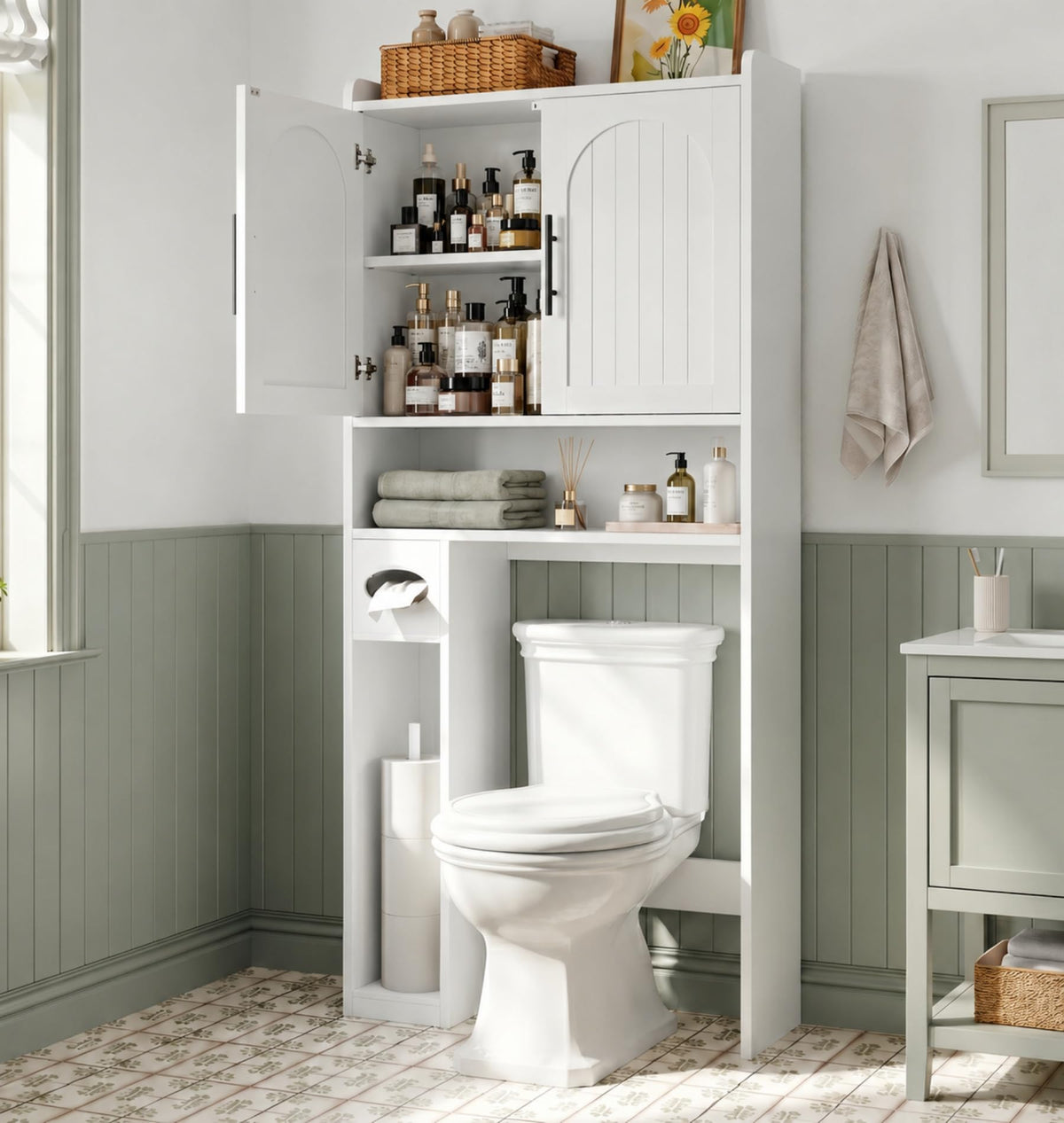 34" Over the Toilet Storage Cabinet with Arched Doors, White O900734