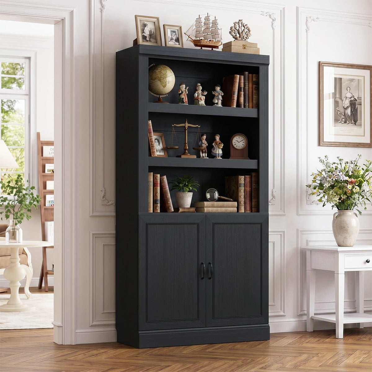 71" Tall Black Bookshelf with Doors and Adjustable Shelves J4265
