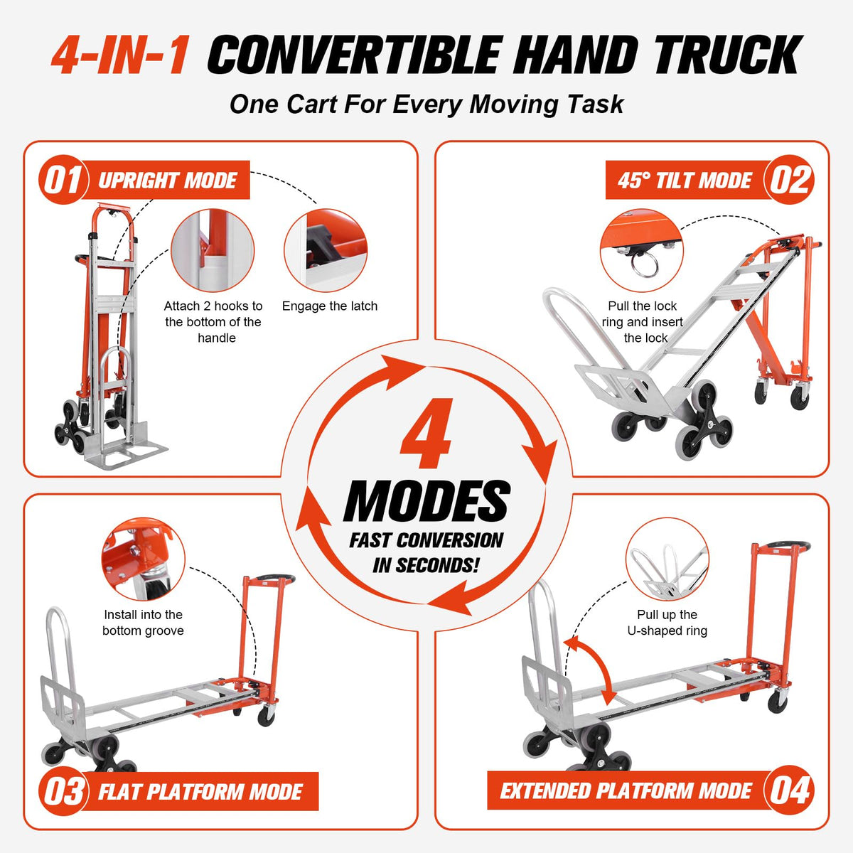 4-in-1 Convertible Stair Climbing Hand Truck, 1000LBS Heavy Duty Folding Aluminum Dolly Cart with Wheels & Handle Q80225