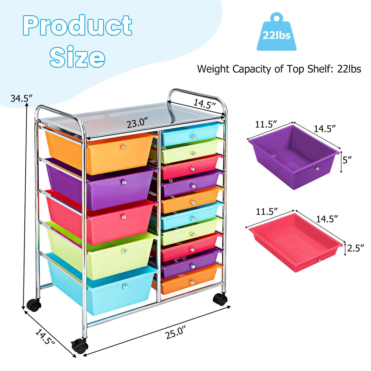 15 Drawer Rolling Storage Cart with Lockable Wheels I683