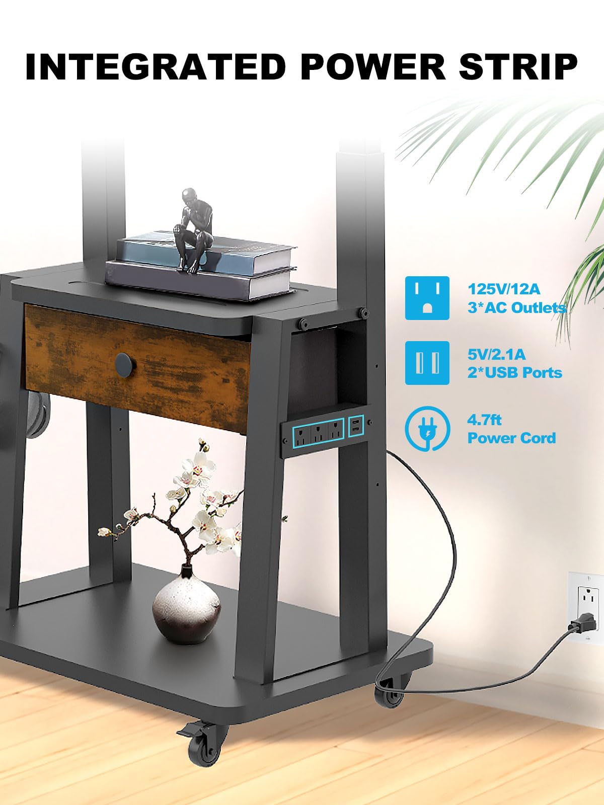 Rolling TV Stand with Power Outlet and Fabric Drawer for 32-75 Inch Flat/Curved Screen S33963