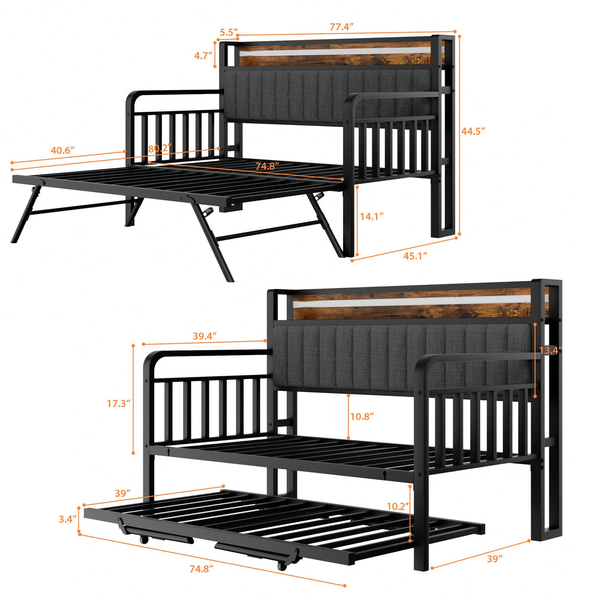 Brown Metal Daybed with Trundle and Storage Headboard S854