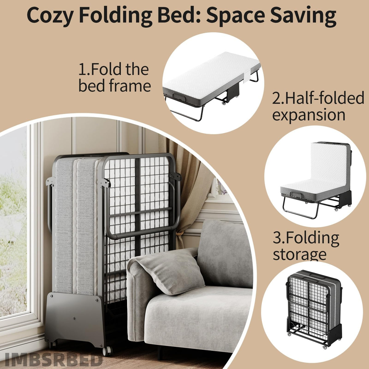 Folding Bed with 5-inch Memory Foam Mattress and Metal Frame T366