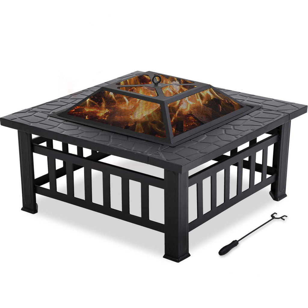32'' Black Metal Square Wood Burning Fire Pit with Spark Screen Cover, Log Grate, Poker C96369