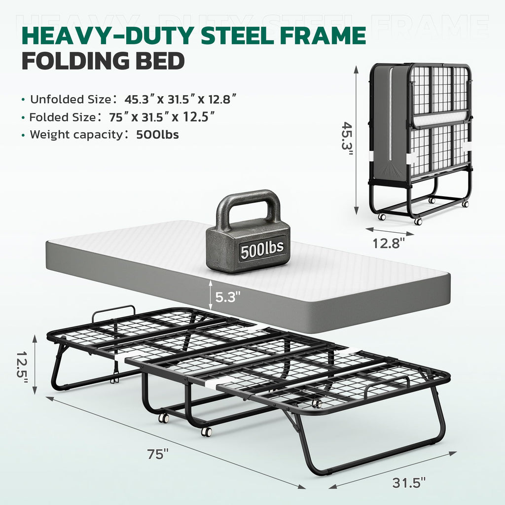 Folding Bed with Mattress Metal Frame Cot Size R781