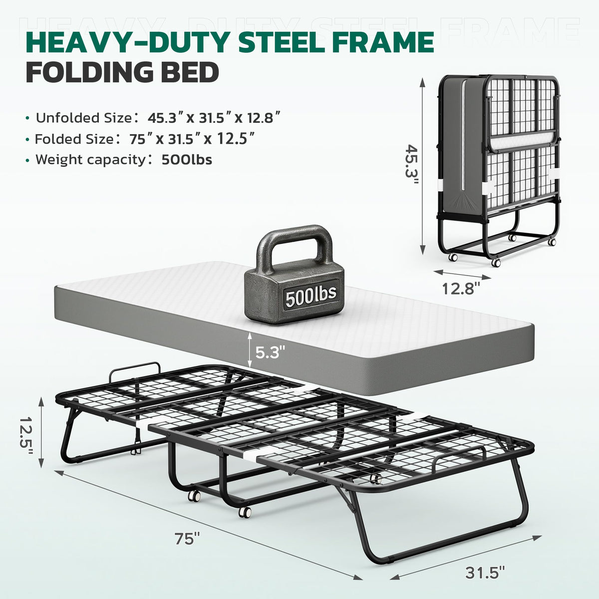 Folding Bed with Mattress Metal Frame Cot Size R781