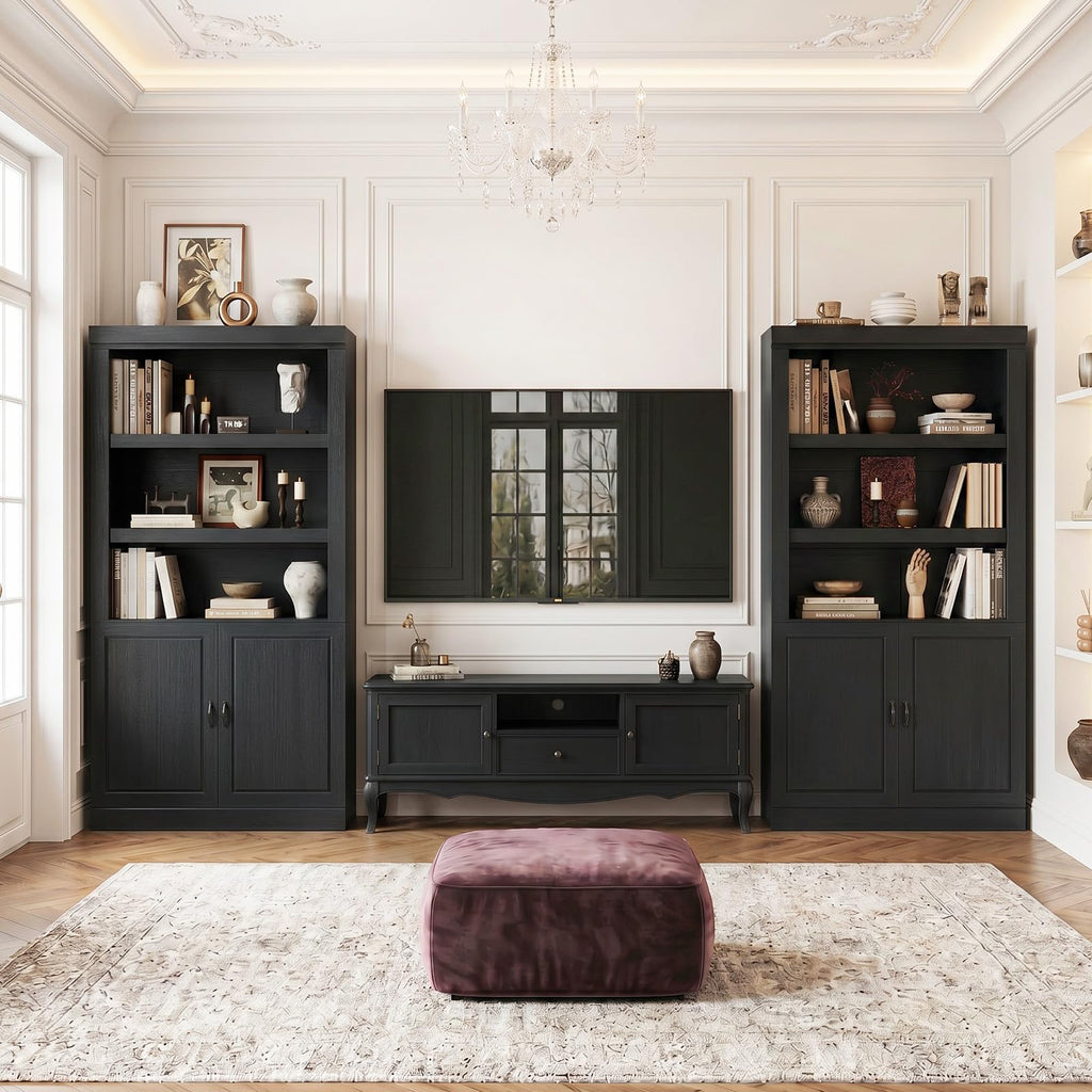 71" Tall Black Bookshelf with Doors and Adjustable Shelves J4265