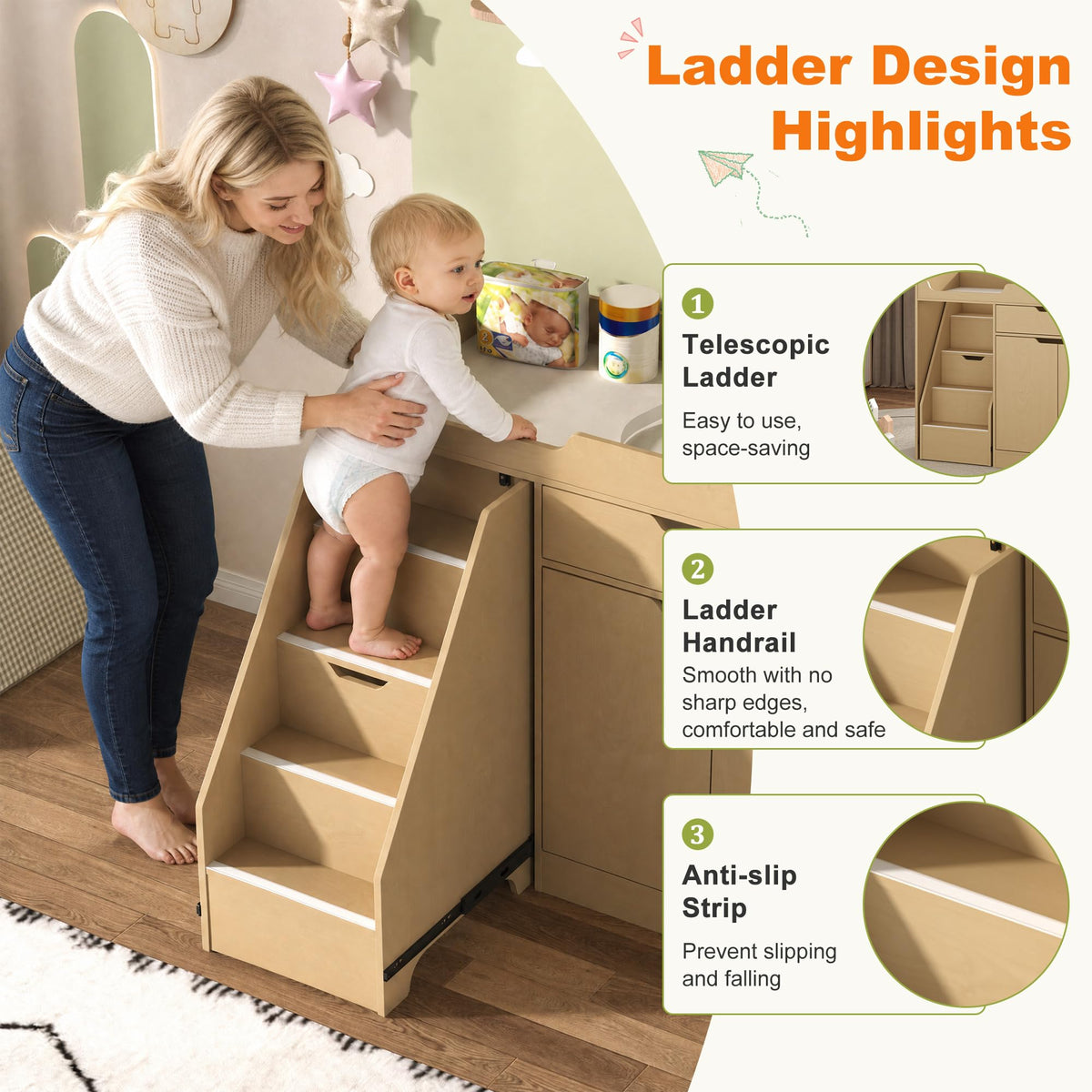Oak Baby Changing Table with Drawers and Stairs E2164
