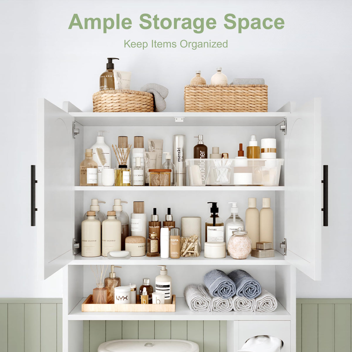 34" Over the Toilet Storage Cabinet with Arched Doors, White O900734
