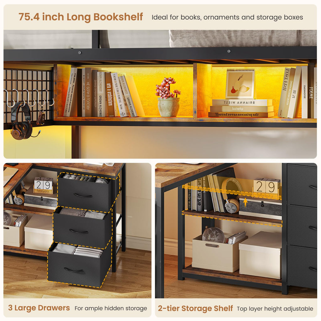Twin Over Twin Bunk Bed with L Desk, Led Lights, Bookshelf, Storage Drawers & Charging Station, Black E258