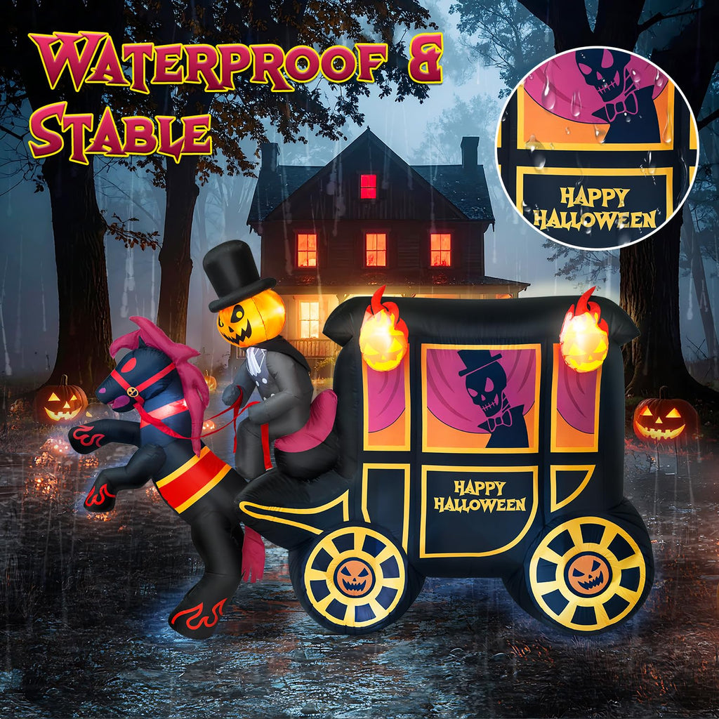 10FT Halloween Inflatable Pumpkin-Headed Horse Carriage with LED Light J53936