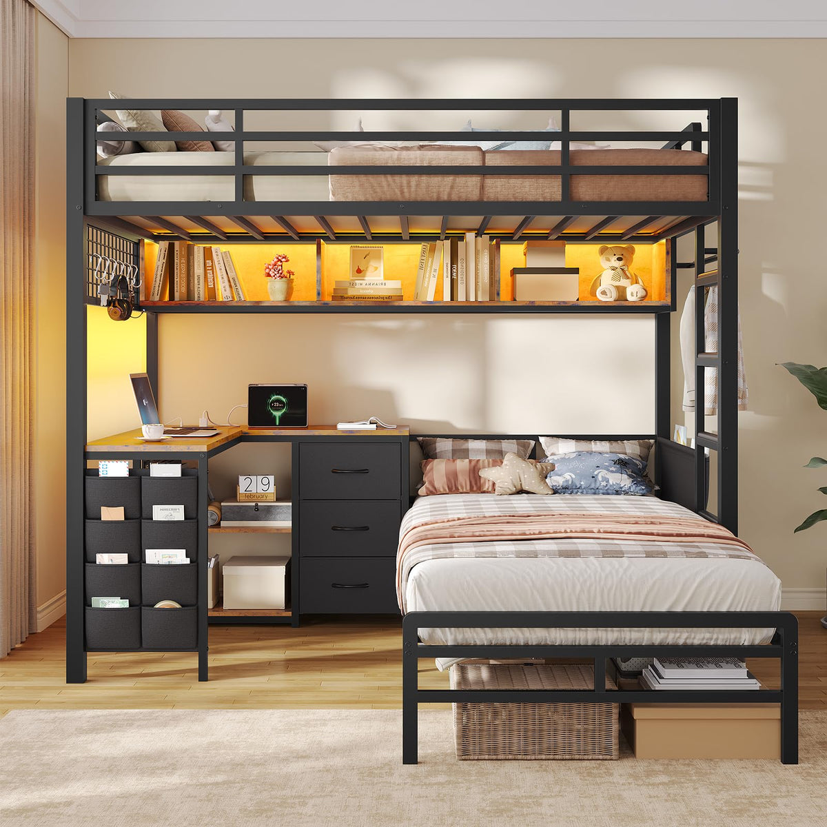 Twin Over Twin Bunk Bed with L Desk, Led Lights, Bookshelf, Storage Drawers & Charging Station, Black E258