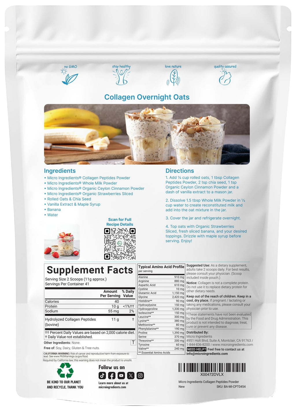 Hydrolyzed Collagen Peptides Powder, 1 lb Unflavored Type I & III W7227
