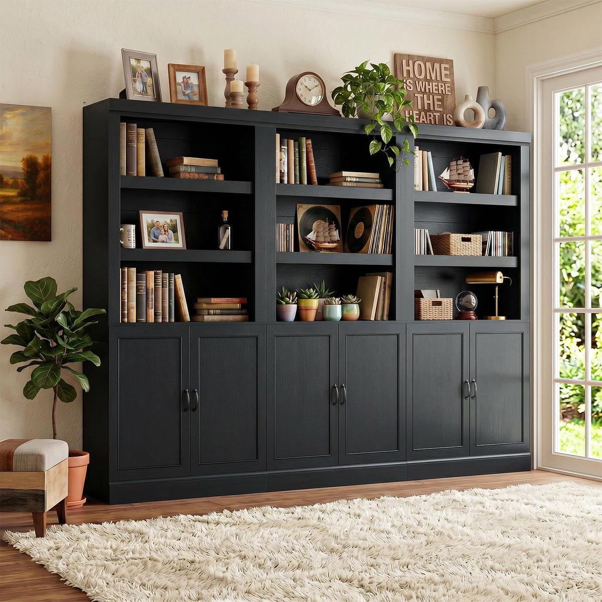 71" Tall Black Bookshelf with Doors and Adjustable Shelves J4265