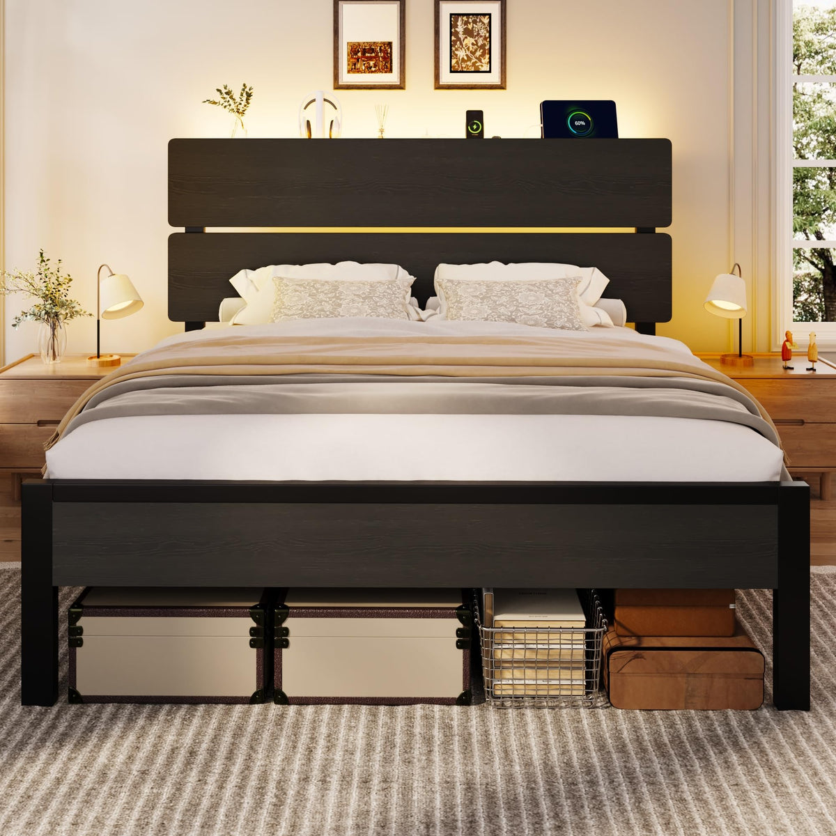 Full Size Bed Frame with Charging Station Y657345