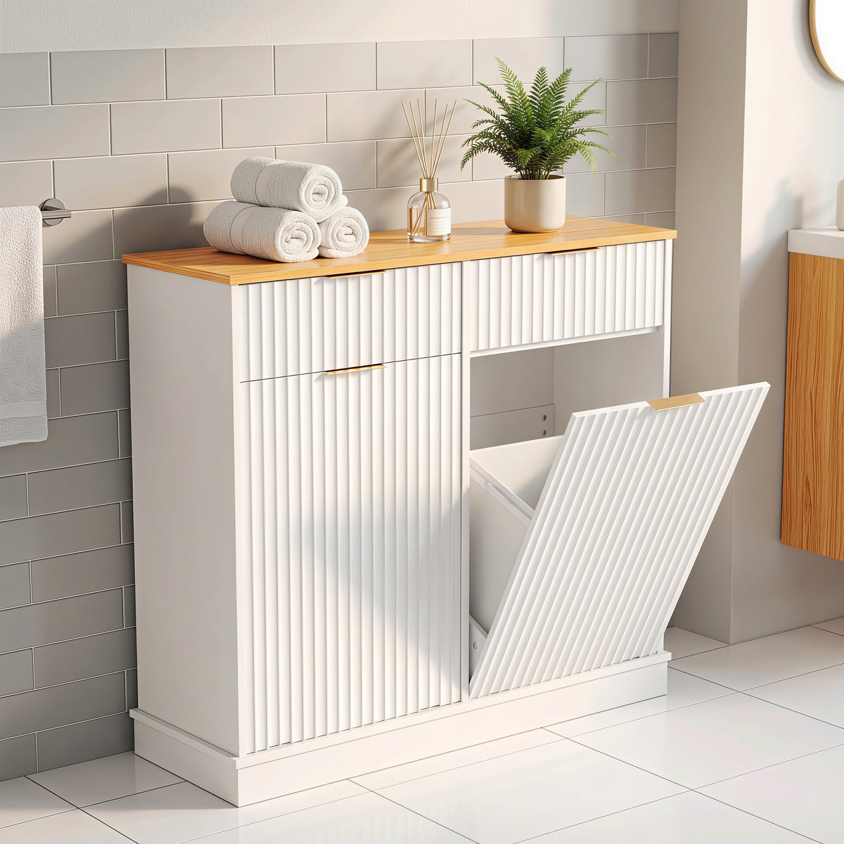 20 Gallon Double Tilt-Out White Trash Can Cabinet with Storage Drawers B884754