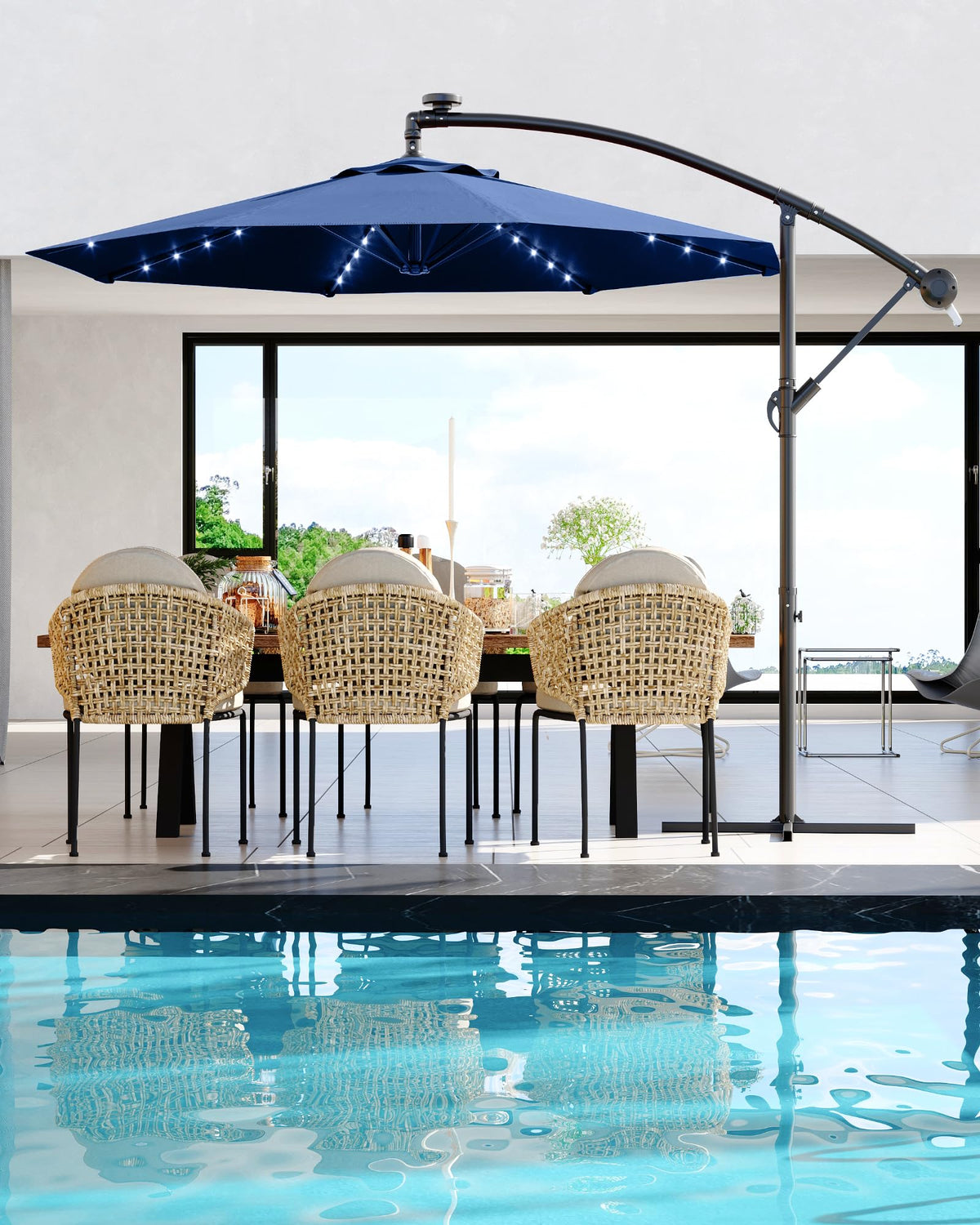 10 ft Navy Blue Cantilever Umbrella with Solar Lights Q606092