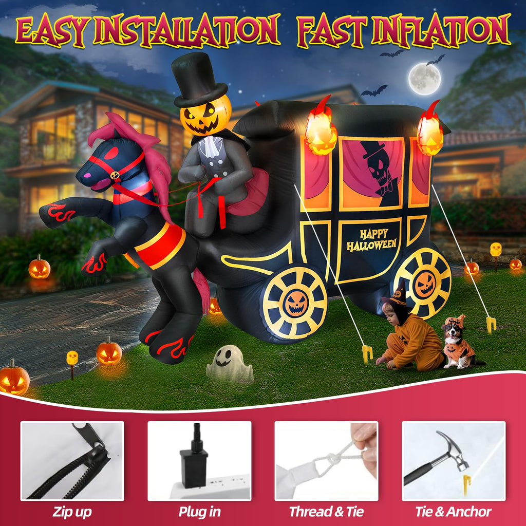 10FT Halloween Inflatable Pumpkin-Headed Horse Carriage with LED Light J53936