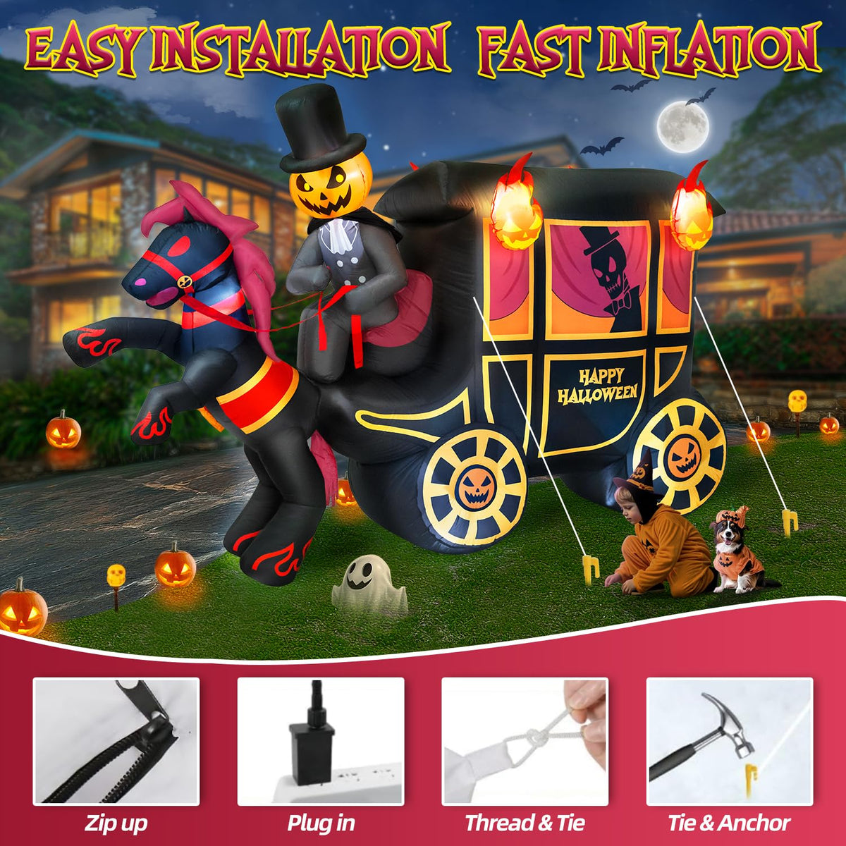 10FT Halloween Inflatable Pumpkin-Headed Horse Carriage with LED Light J53936