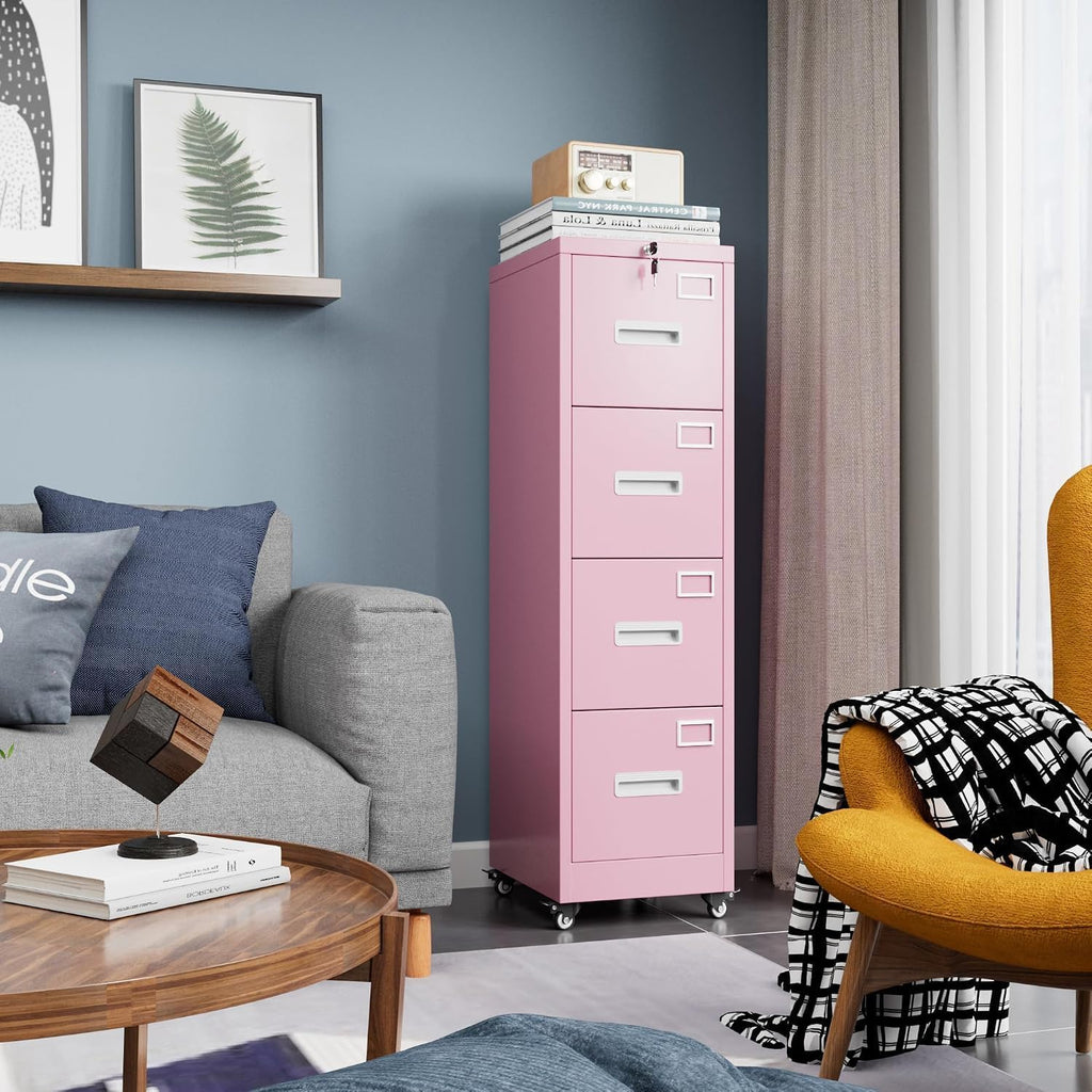 Pink 4-Drawer Metal File Cabinet with Lock and Wheels M79053