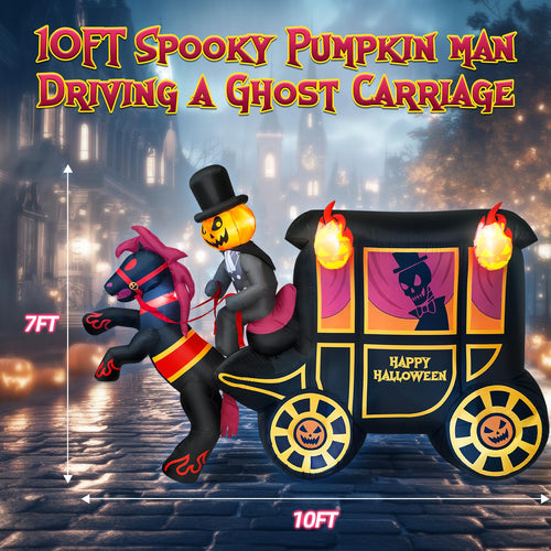 10FT Halloween Inflatable Pumpkin-Headed Horse Carriage with LED Light J53936