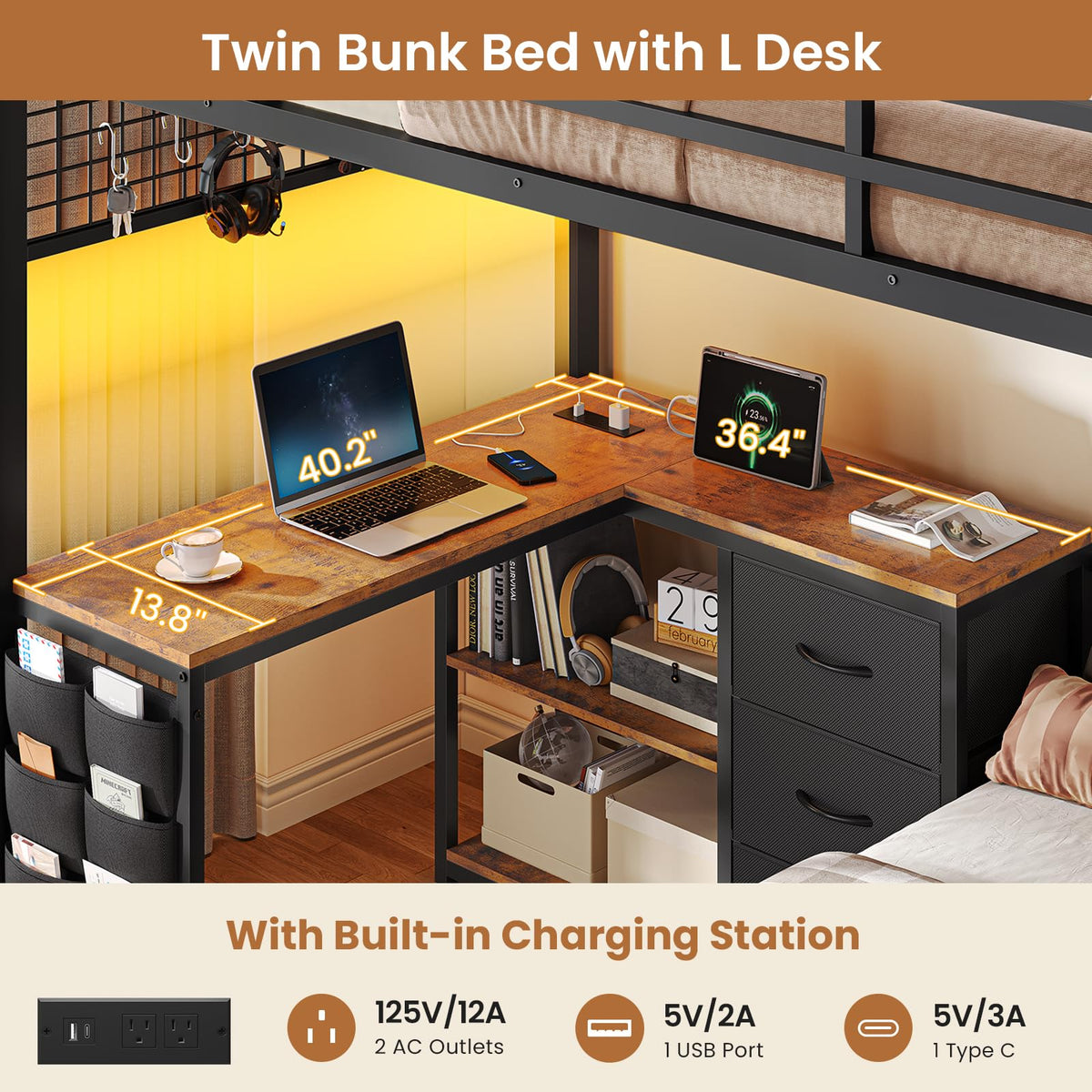 Twin Over Twin Bunk Bed with L Desk, Led Lights, Bookshelf, Storage Drawers & Charging Station, Black E258