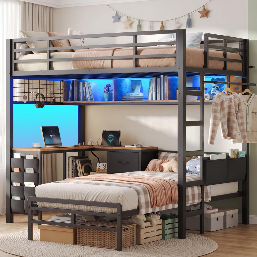 Twin Over Twin Bunk Bed with L Desk, Led Lights, Bookshelf, Storage Drawers & Charging Station, Black E258