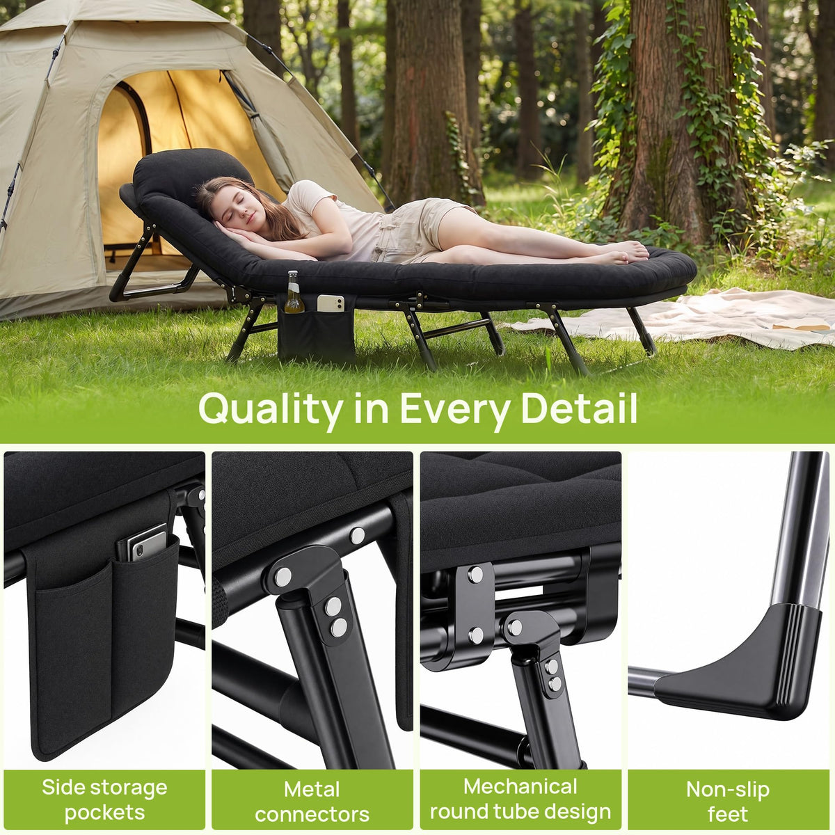 Black Camping Cot with Mattress R61277