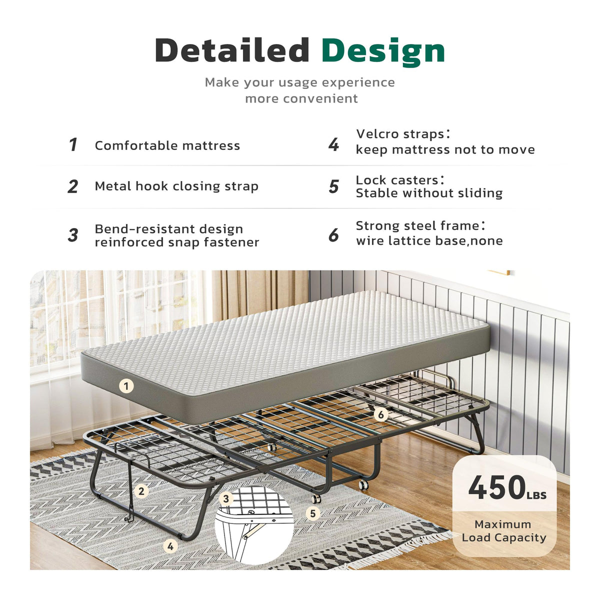 Folding Bed with Mattress Metal Frame Cot Size R781