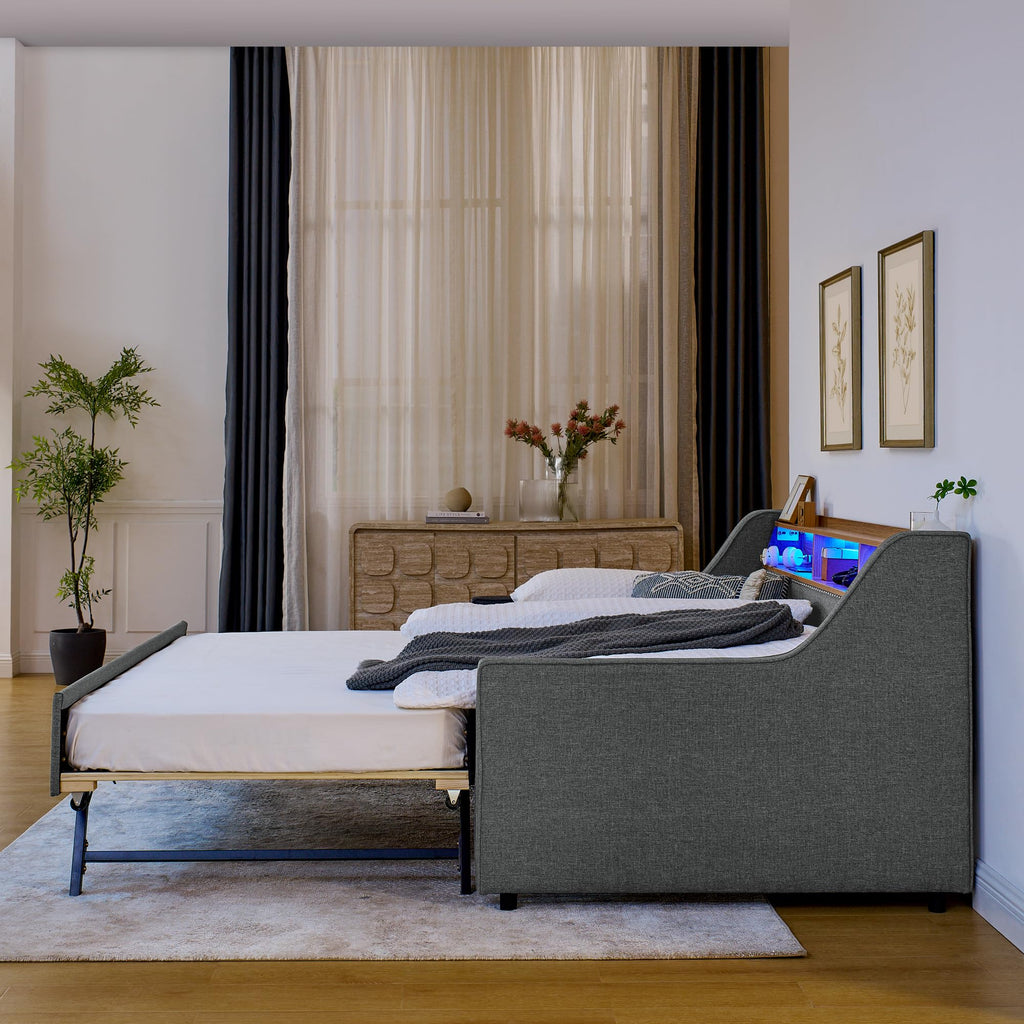 Twin Linen Upholstered Daybed with Pop Up Trundle F7141