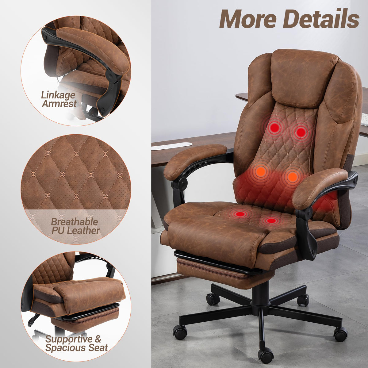 Brown Heated Massage Office Chair with Footrest V7197